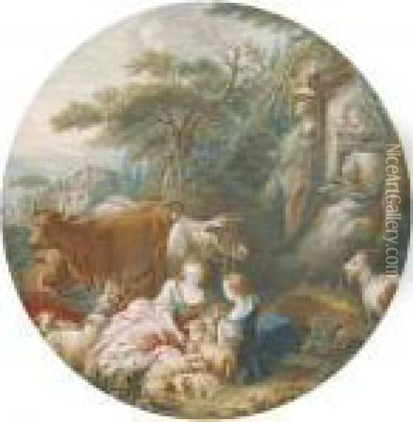 Two Shepherdesses With Their 
Flocks And Herds By An Antique Spring,classical Ruins Seen Beyond Oil Painting - Pierre-Antoine Baudouin