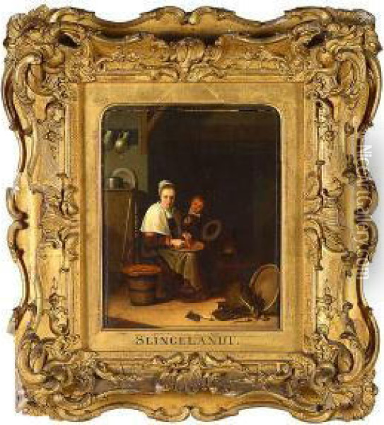 Jeune Femme A La Cuisine Avec Son Enfant Oil Painting - Pieter Cornelisz. van SLINGELANDT