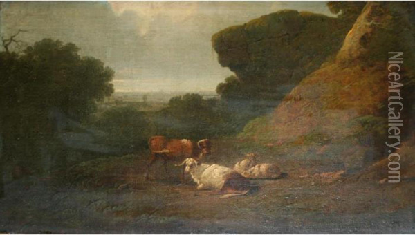 Cattle And Sheep Resting By Upland Crags Oil Painting - Julius Caesar Ibbetson