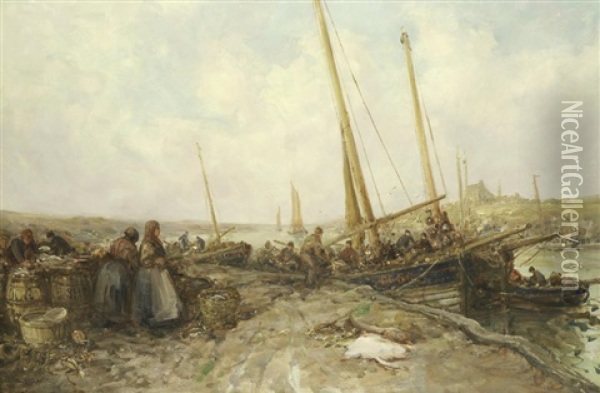 Scilly Isle Trawlers Unloading Their Catch On The Fish Quay Oil Painting - William Edward Webb