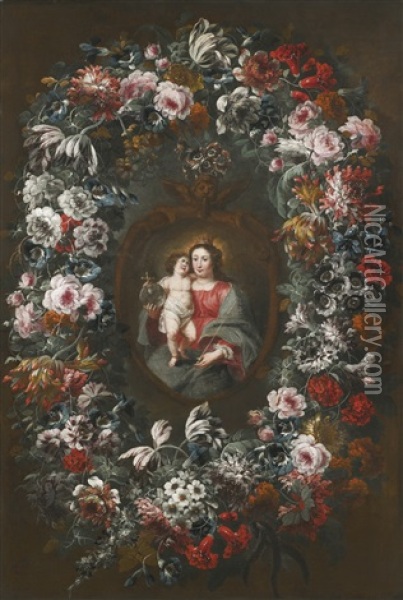 The Madonna And Child In A Floral Garland Oil Painting - Jean-Baptiste Morel