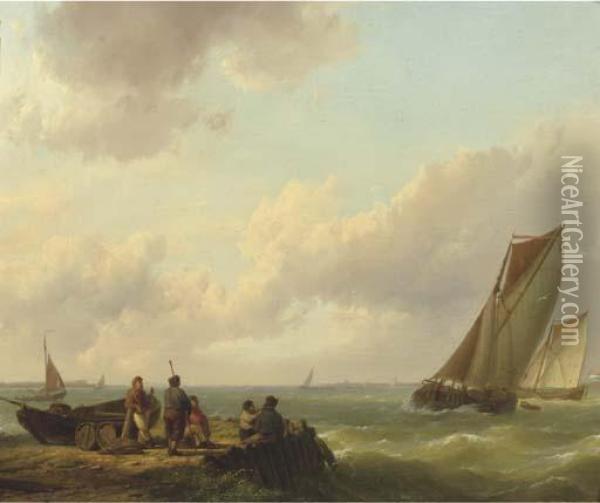 Fishermen On A Jetty With Sailingvessels Approaching Oil Painting - Hermanus Koekkoek
