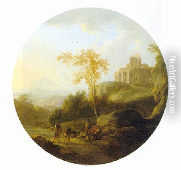Weite Landschaft Mit Antiker Ruine Und Ruhenden Wanderern Oil Painting - Jan Dirksz. Both