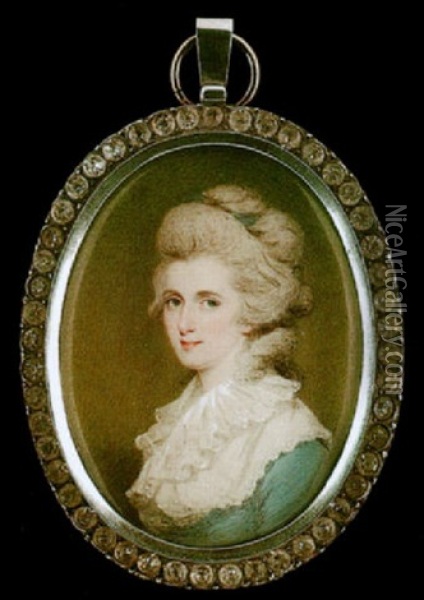 A Portrait Of A Lady With Blue Ribbon In Her Powdered Hair Oil Painting - Edward Miles
