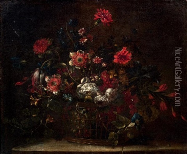 Panier De Fleurs Sur Un Entablement Oil Painting - Nicolas Baudesson