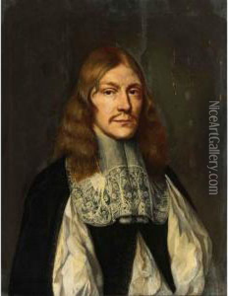 Portrait Of A Gentleman, Bust 
Length, Wearing A White Chemise, Black Coat And Lace Collar Oil Painting - Wallerand Vaillant