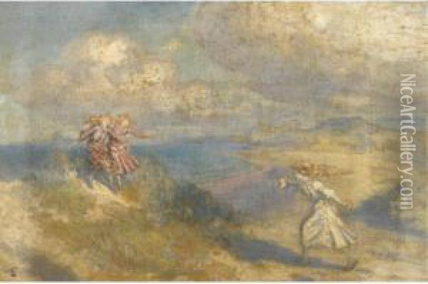 Three Girls Playing In The Dunes Oil Painting - George William, A.E. Russell