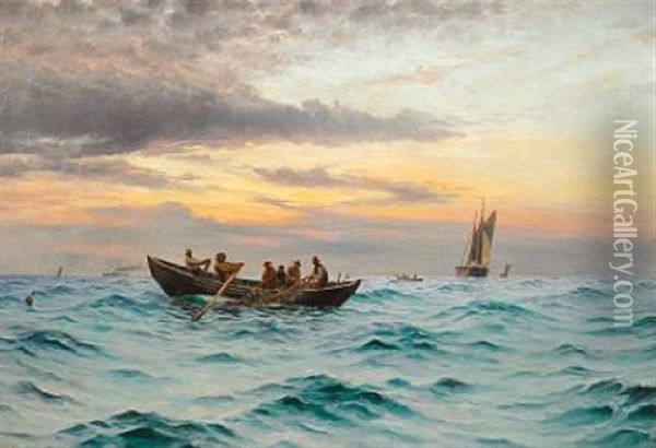 Fishermen Pulling In Nets In Oresund Oil Painting - Holger Luebbers