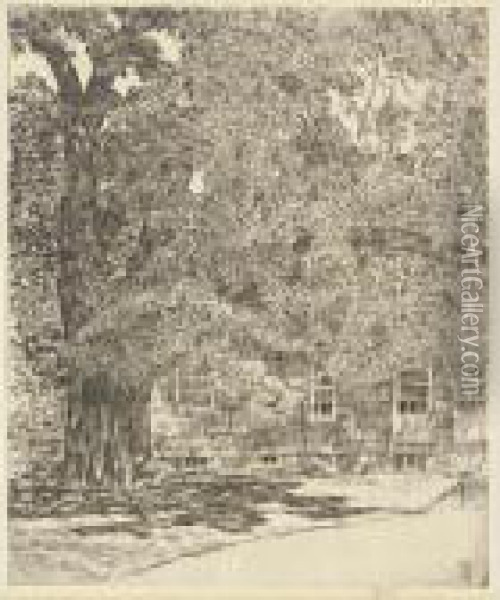 Old Mulford House; And Giant Elm, Easthampton (c./c. 264 And 326) Oil Painting - Frederick Childe Hassam