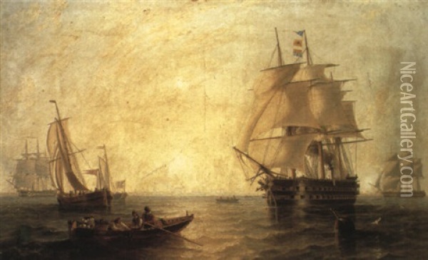 Men Of War And Other Shipping Off Copenhagen Oil Painting - John Wilson Carmichael