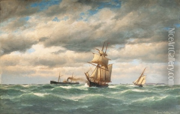 Dampfer Und Segelschiffe Vor Helgoland Oil Painting - Franz Johann (Wilhelm) Huenten