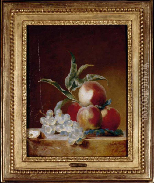 A Still Life With Peaches, Grapes And An Open Walnut On A Stone Ledge Oil Painting - Bruno Michel Bellenge