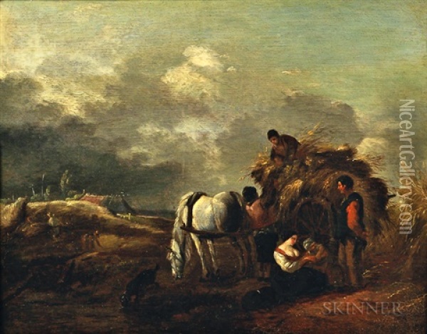 Hay Cart, Harvesters, And Family Under A Cloudy Sky Oil Painting - Philips Wouwerman