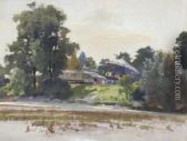 Dorfkirmes Am Flussufer. Oil Painting - Willy Moralt