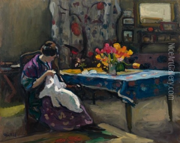 Jeune Femme Cousant Oil Painting - Jean-Laurent Challie