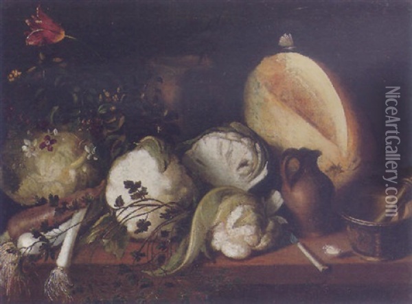 Still Life Of Cauliflower, Leeks, A Pumpkin, Garlic, Flowers, A Knife, A Stoneware Jug And Urn, With A Mortar And Pestle Upon A Table Oil Painting - Antonio de Pereda y Saldago