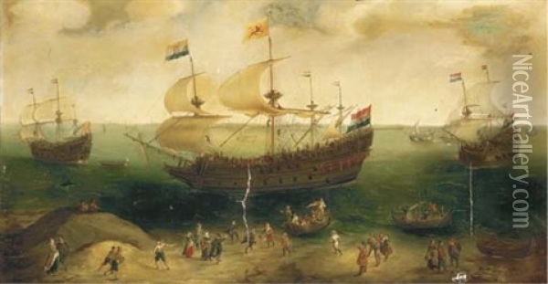 The Amsterdam Fourmaster De Hollandse Tuyn And Other Ships Entering The Ij On Their Return From Brazil Under The Command Of Paulus Van Caerden Oil Painting - Hendrik Cornelisz Vroom