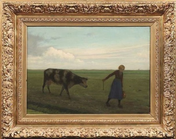 In Einer Weiten Landschaft Fuhrt Eine Bauerin Ihre Kuh Uber Die Wiese Oil Painting - Willem Pothast
