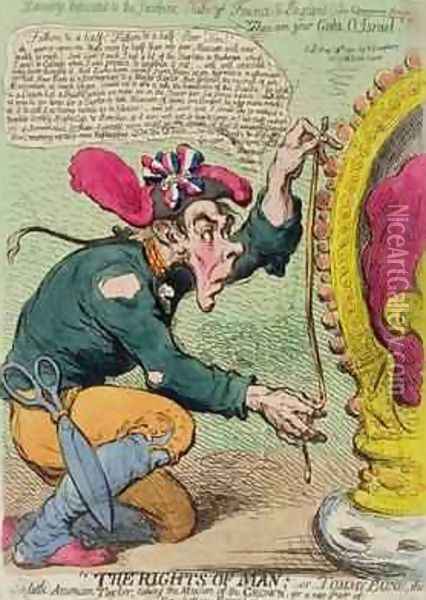 The Rights of Man or Tommy Paine the little American Taylor taking the Measure of the Crown for a new Pair of Revolution Breeches Oil Painting - James Gillray