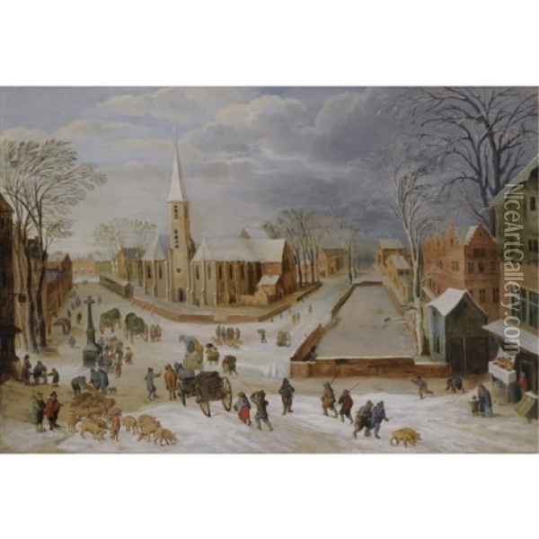 An Urban Winter Landscape With A Farrow Of Pigs In The Foreground Oil Painting - Joos de Momper the Younger