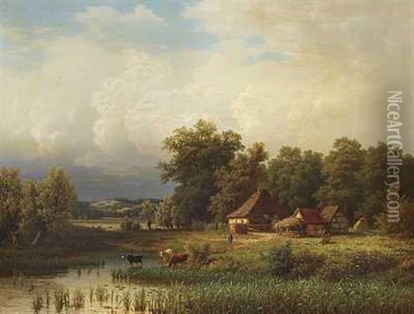 Landskab Med Koer Oil Painting - Georg Genschow