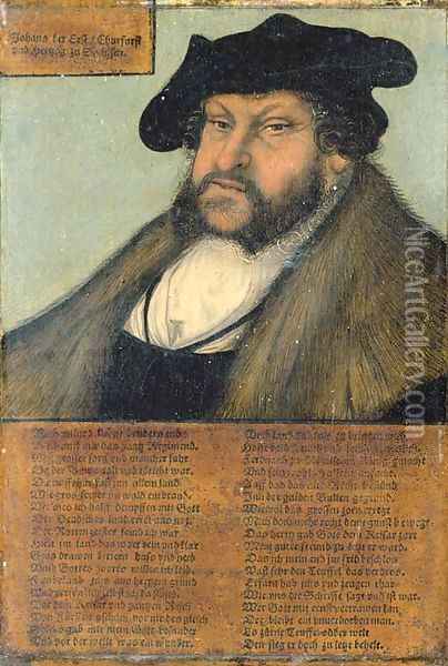 Portrait of John the Steadfast, Elector of Saxony (1468-1532), bust-length, in a white shirt, fur-lined coat, and black hat Oil Painting - Lucas The Elder Cranach