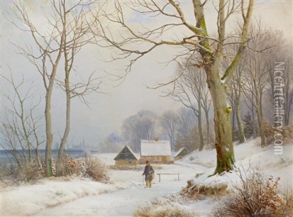 Wintertag An Der Kuste Bei Schloss Frederiksborg Oil Painting - Anders Andersen-Lundby