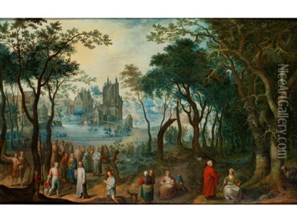 Baumlandschaft Mit Architektur Im Hintergrund Sowie Biblische Szenerie Oil Painting - Balthasar Beschey