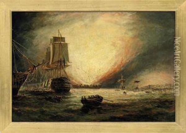 A Naval Bombardment Oil Painting - William Calcott Knell