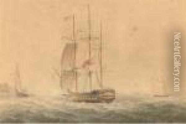 A Frigate Offshore, Astern Of A 
Large Cutter, With An Armed Luggeroff Her Starboard Beam; And A Frigate 
Reefed Down In Heavyweather Oil Painting - Nicholas Pocock