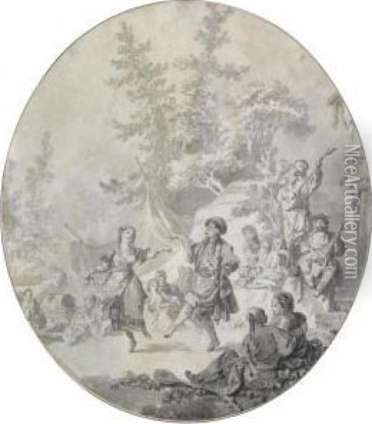 A Russian Scene: A Couple Dancing, With A Crowd Watching And Musicians Playing Oil Painting - Jean-Baptiste Le Prince