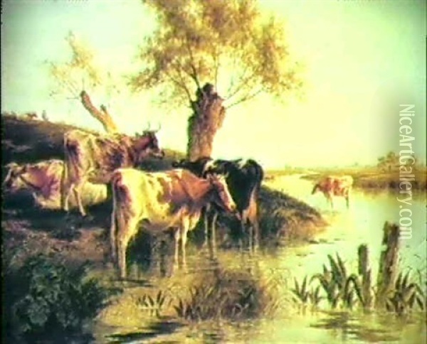Cattle By A River Oil Painting - Charles Jones