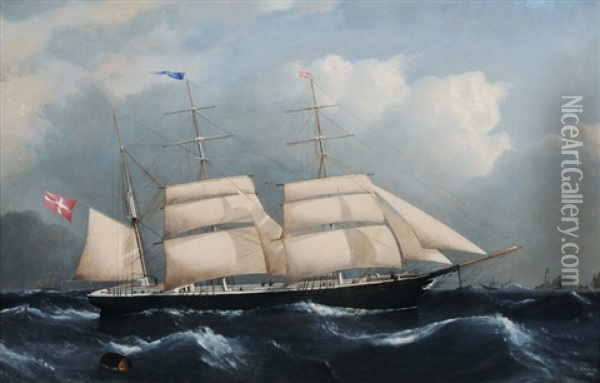 A Danish Barque Passing A Ligthhouse Oil Painting - Frederick Tudgay