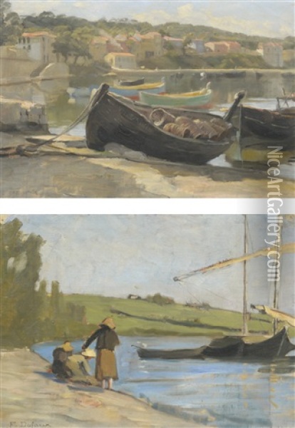 Barques De Peche Les Blanchisseuses (2 Works) Oil Painting - Frederic Dufaux