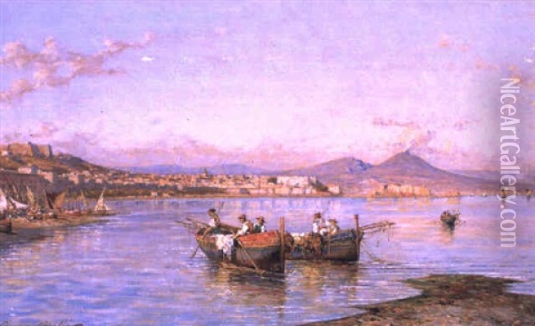 Marina Napoletana Con Barche Di Pescatori E Vesuvio Oil Painting - Giuseppe Carelli