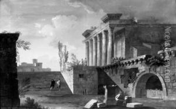 A Capriccio Of Roman Ruins Oil Painting - Alexandre-Jean Dubois Drahonet