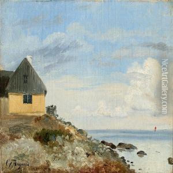 Coastal Scene With A House At A Rocky Coast Oil Painting - Carl Frederick Aagaard