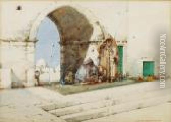 A Mosque In Algeria; An Arched Entrance To A Street Oil Painting - Noel Harry Leaver