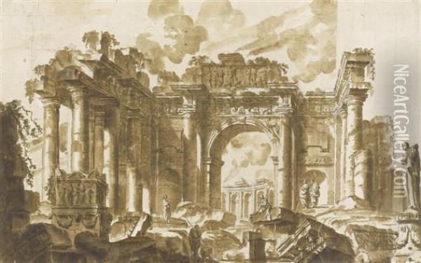 Capriccio With Massive Antique Ruins Oil Painting - Juste Nathan Boucher