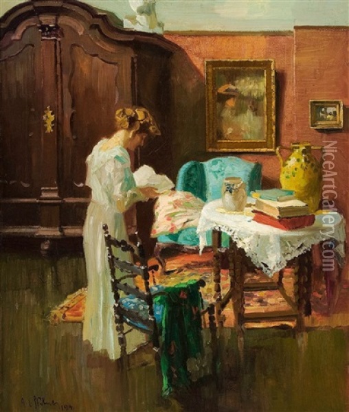 Traumerei (junge Frau Am Buchertisch) Oil Painting - Robert Emil Stuebner