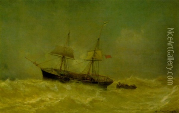 Englische Brigg Im Sturm Oil Painting - Jean Baptiste Henri Durand-Brager