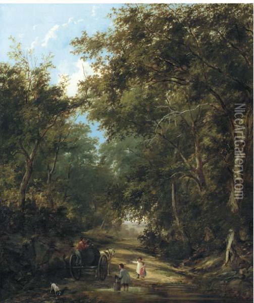 Children Filling A Water Wagon, Traditionally Identified As A Lane Near Sevenoaks Oil Painting - Henry John Boddington