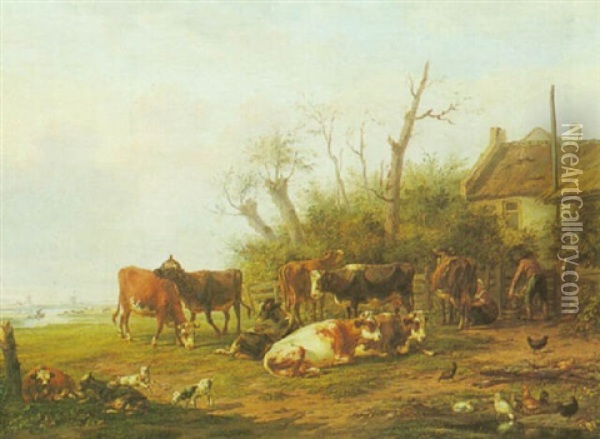 Cows On A Farm Oil Painting - Hendrik Adam van der Burgh