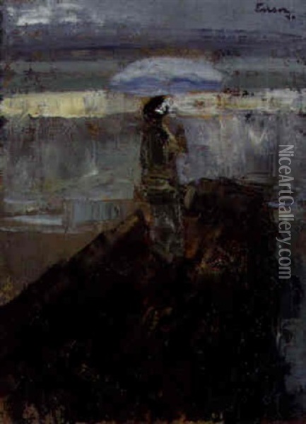 La Dame Au Brise-lames - De Vrouw Op De Golfbreker Oil Painting - James Ensor