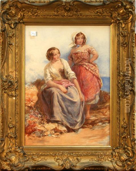 Portrait Of Two Young Femalefisherfolk In A Coastal Landscape Oil Painting - James Curnock