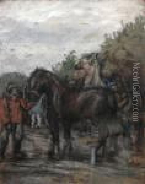 Natiepaarden - Chevaux De Port. Oil Painting - Eugeen Van Mieghem