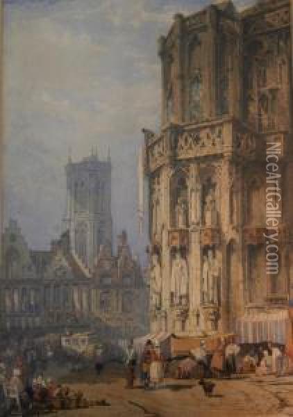 Figures In A Town Square Oil Painting - Samuel Prout