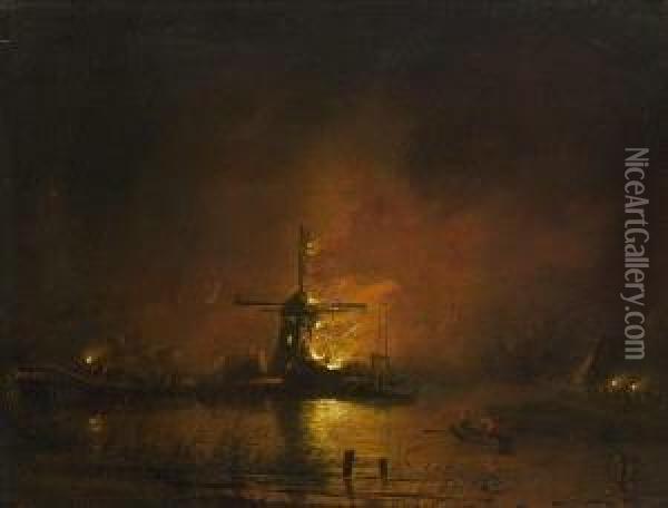 Nachtliche Hollandische Landschaft
 Mit Brennender Windmuhle. Oil Painting - Hendrik Gerrit ten Cate