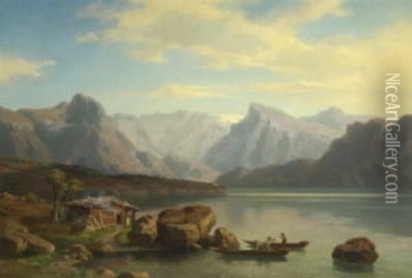 Gebirgssee Mit Fischern Oil Painting - Friedrich Wilhelm Schreiner
