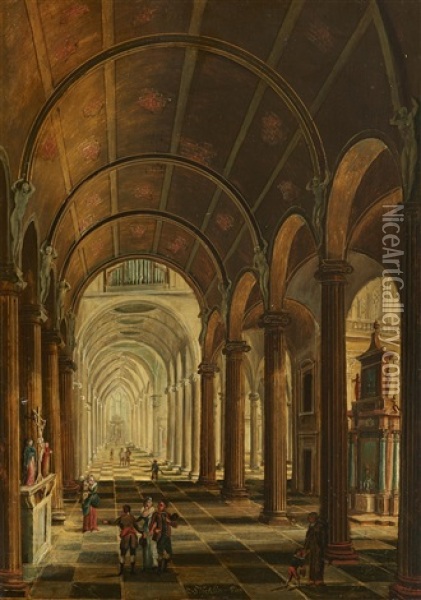 Church Interior With Barrel Vaulting Oil Painting - Christian Stoecklin